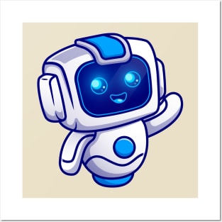 Cute Robot Waving Hand Cartoon Posters and Art